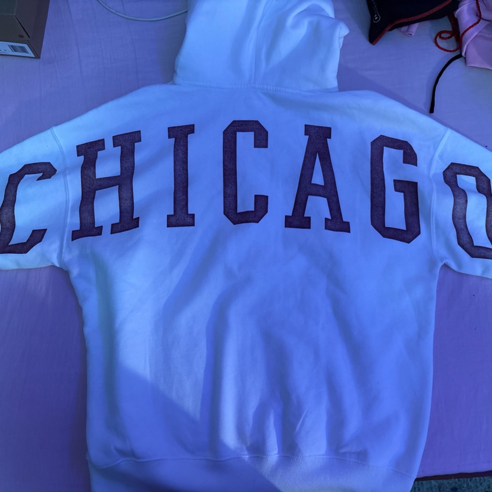 Hollister White Hoodie with Purple Chicago Print
